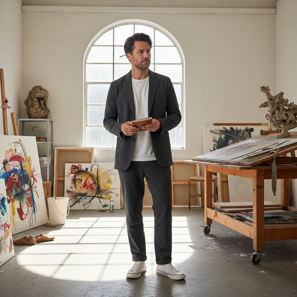 A man in a dark grey suit and white sneakers stands in a bright art studio holding a small notebook.